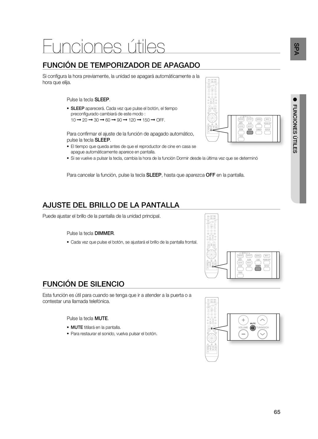 Samsung HT-Z210R/XET, HT-Z310R/EDC Funciones útiles, Función DE Temporizador DE APAgADO, Ajuste DEL Brillo DE LA Pantalla 