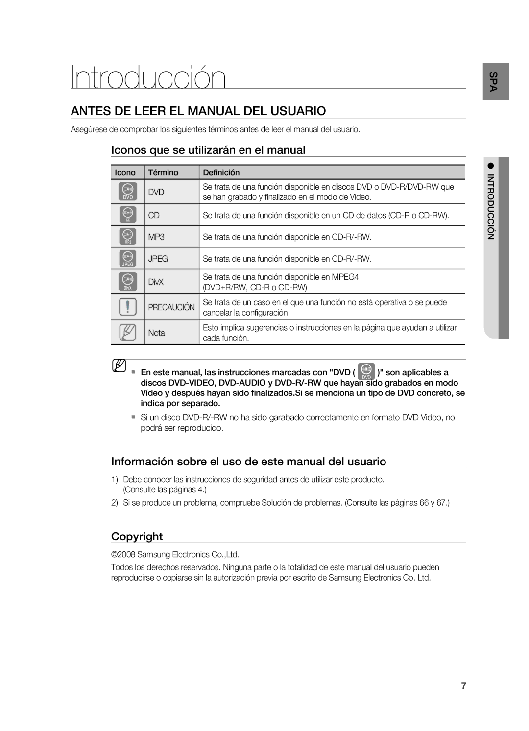 Samsung HT-Z310R/XET Introducción, Antes de leer el Manual del usuario, Iconos que se utilizarán en el manual, Copyright 