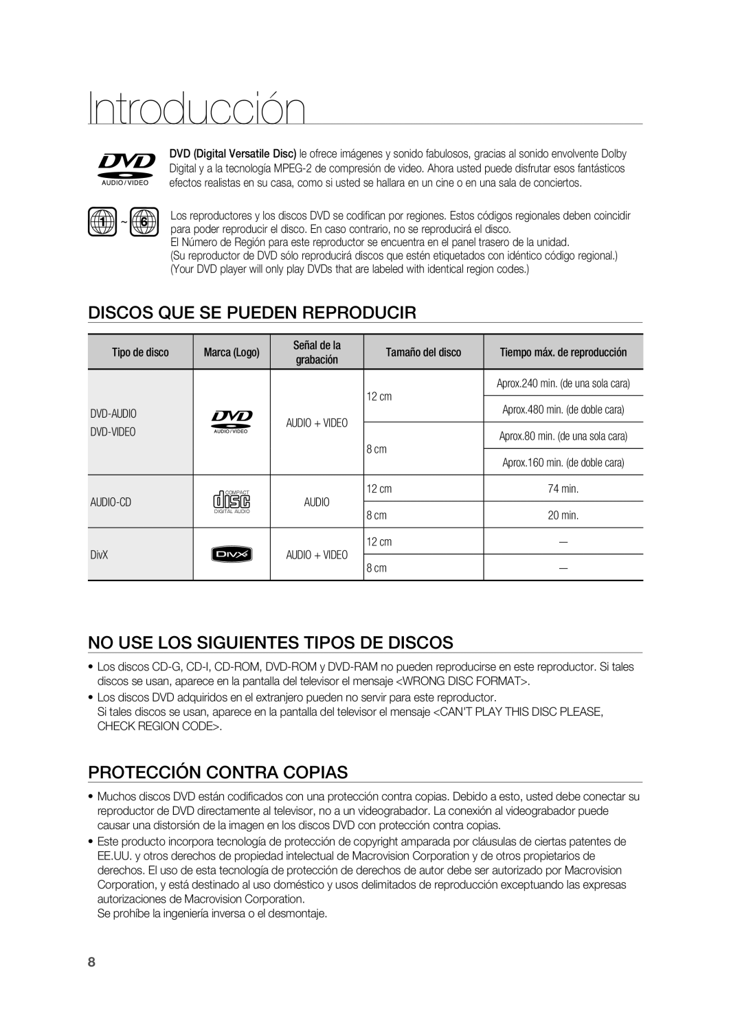 Samsung HT-Z310R/EDC Discos que se pueden reproducir, No use los siguientes tipos de discos, Protección contra copias 