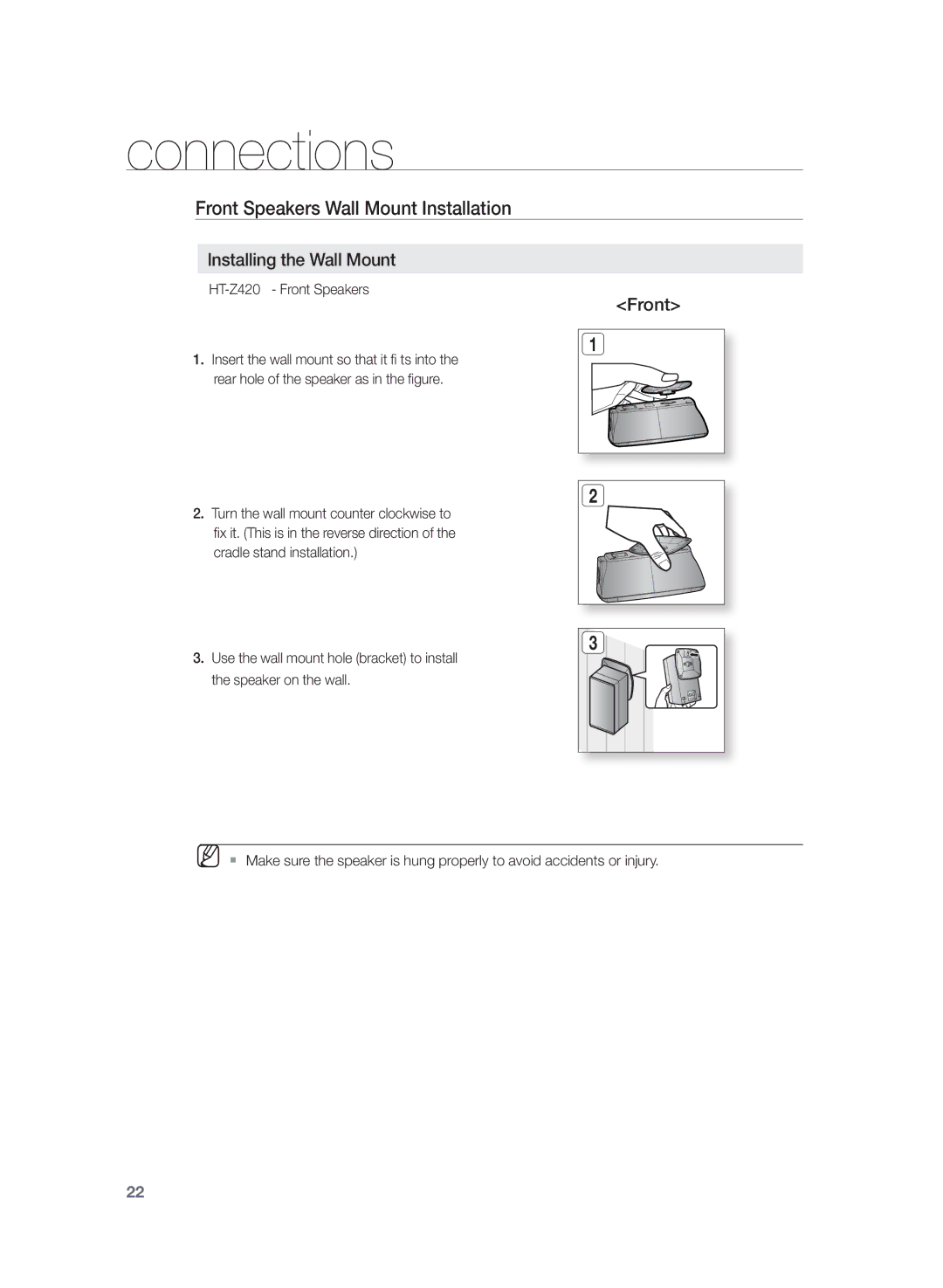 Samsung HT-TZ422, HT-Z320 Front Speakers Wall Mount Installation, Installing the Wall Mount, HT-Z420 Front Speakers 