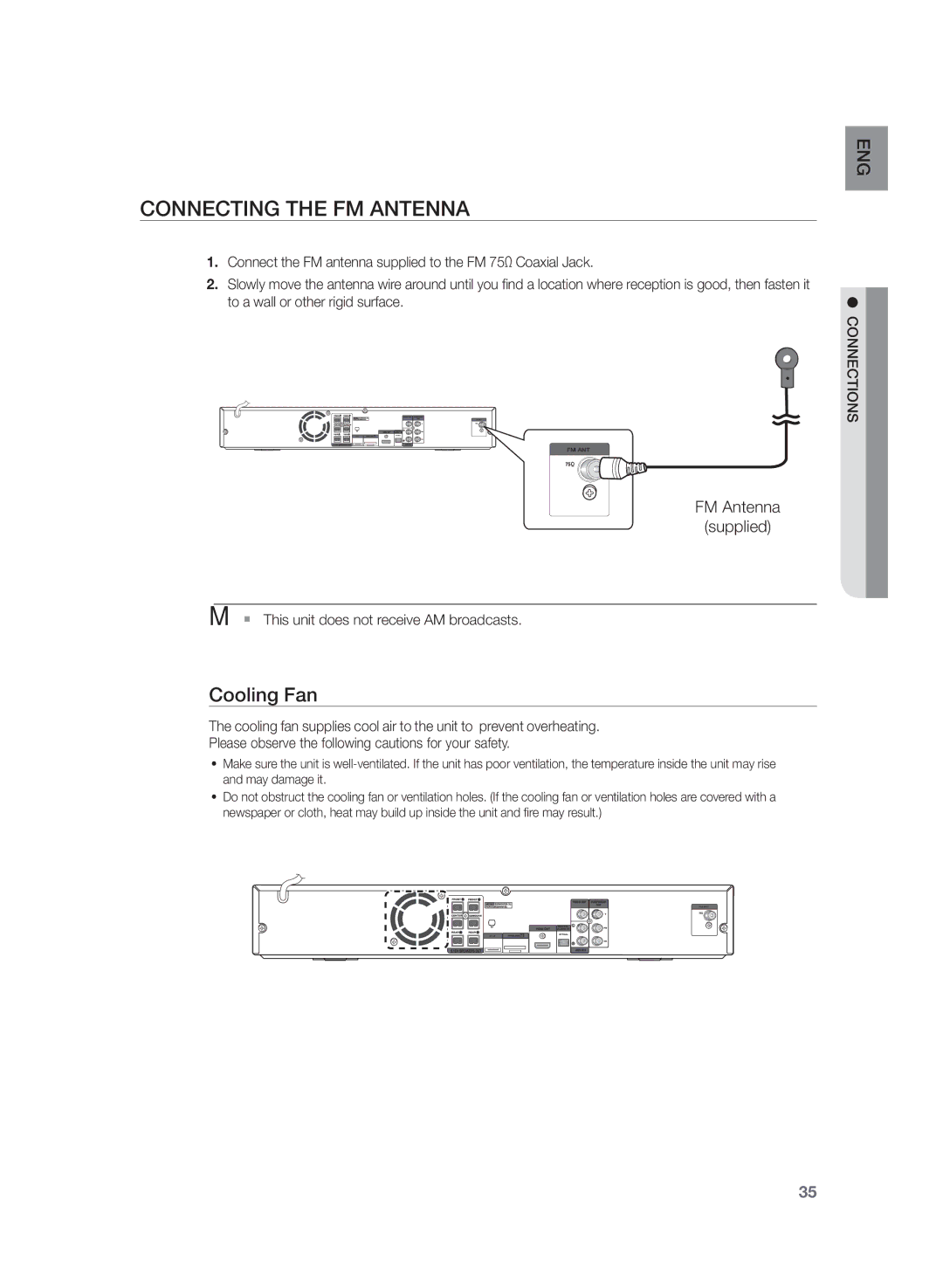 Samsung HT-Z320 Connecting the FM Antenna, Cooling Fan, FM Antenna Supplied, MM`` This unit does not receive AM broadcasts 