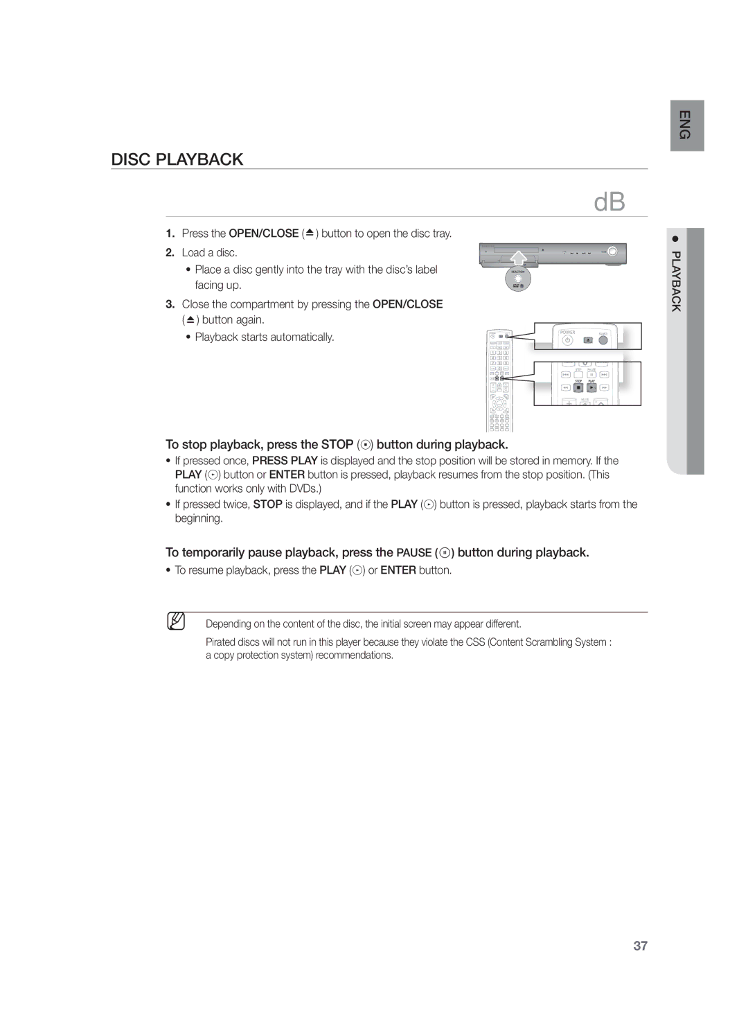 Samsung HT-TZ425, HT-Z320, HT-TZ422, HT-TZ322, HT-Z420 Disc Playback, To stop playback, press the Stop button during playback 