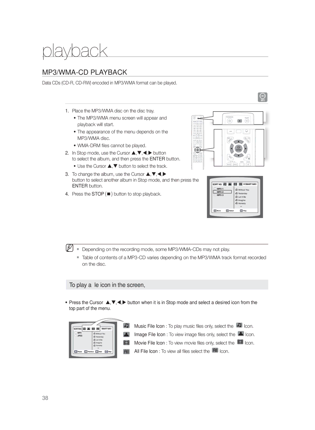 Samsung HT-TZ322, HT-Z320, HT-TZ422, HT-TZ425, HT-TZ325, HT-Z420 MP3/WMA-CD Playback, To play a file icon in the screen 