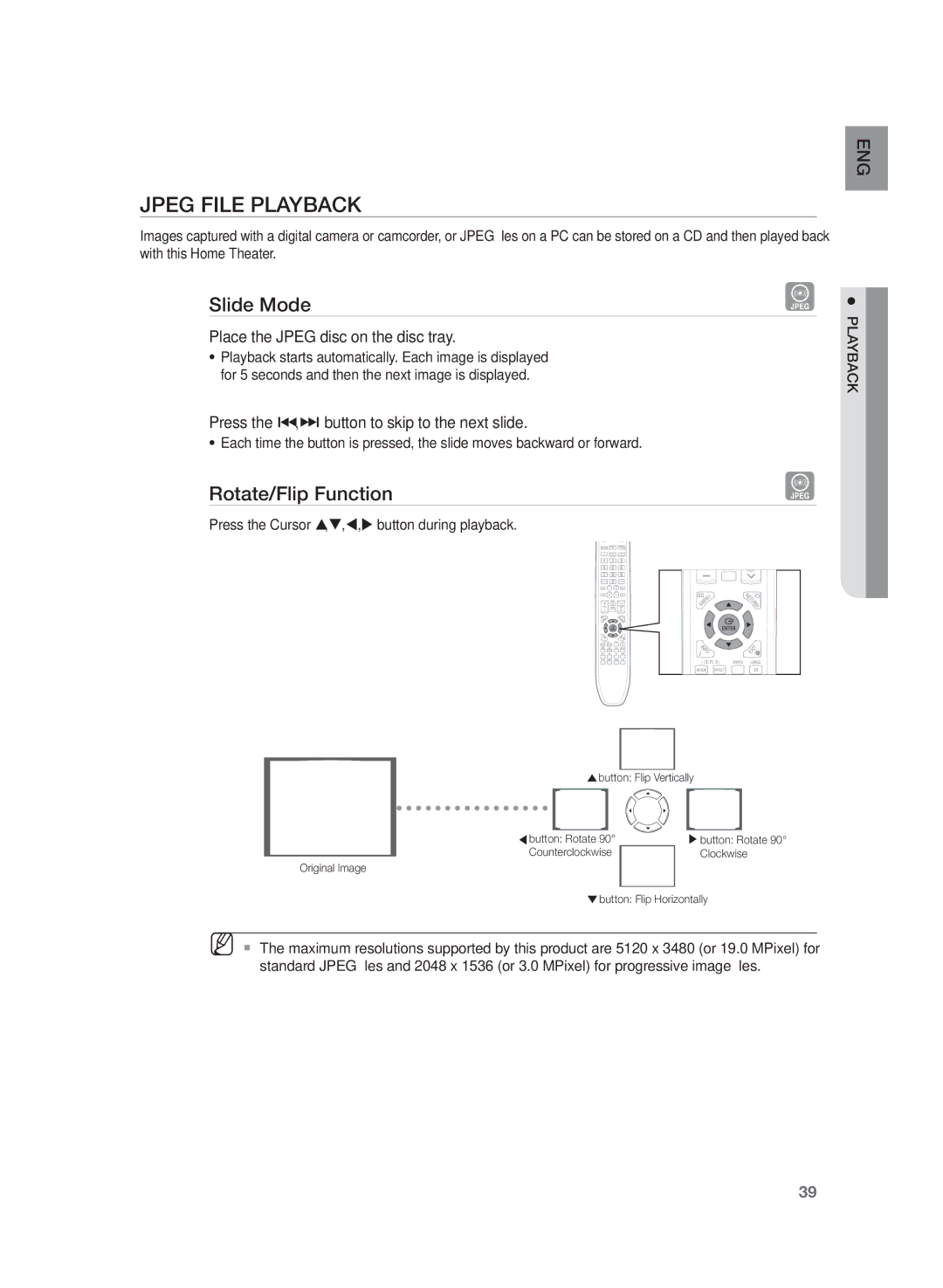 Samsung HT-TZ325, HT-Z320 Jpeg File Playback, Slide Mode, Rotate/Flip Function, Place the Jpeg disc on the disc tray 