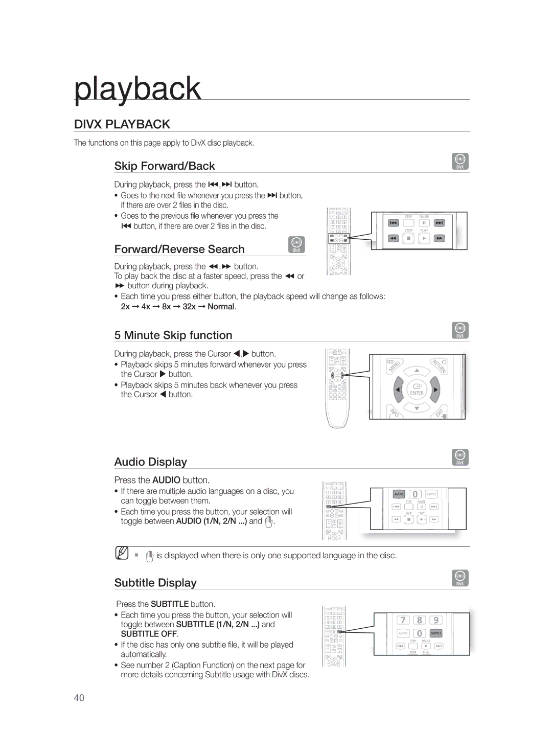 Samsung HT-Z420, HT-Z320, HT-TZ422, HT-TZ425, HT-TZ322, HT-TZ325, AH68-02166R user manual DivX Playback 