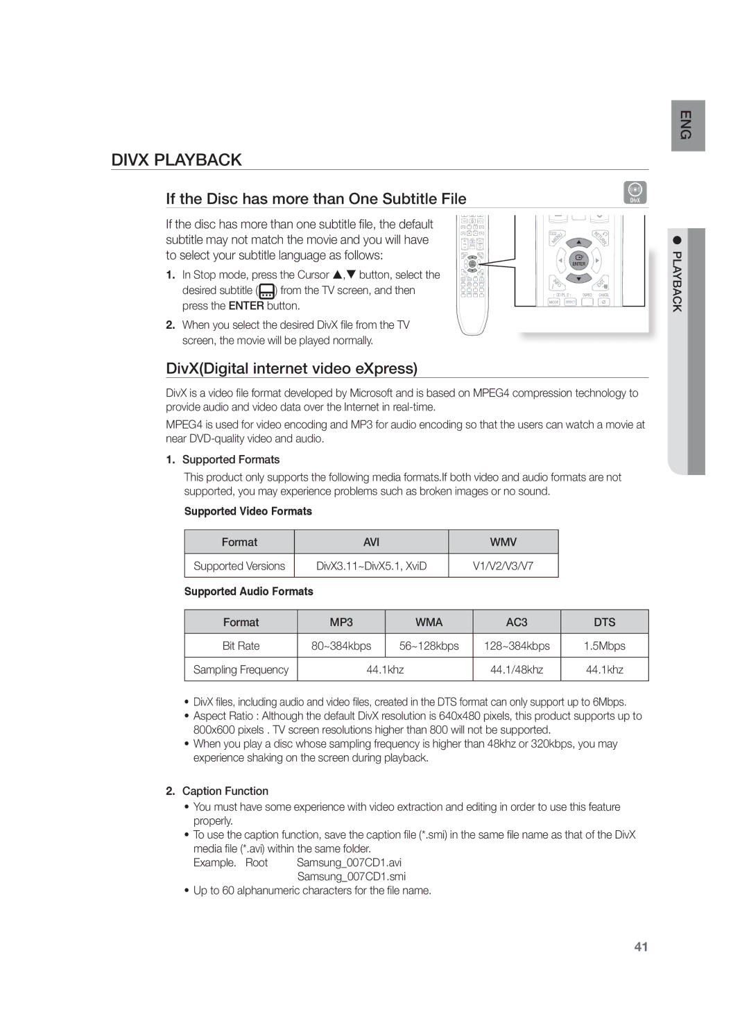 Samsung AH68-02166R If the Disc has more than One Subtitle File, DivXDigital internet video eXpress, Avi Wmv, MP3 WMA, Dts 