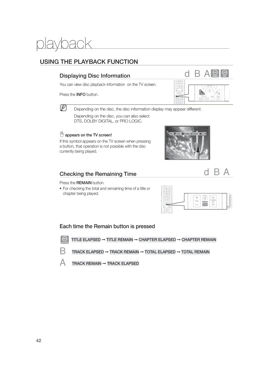 Samsung HT-Z320, HT-TZ422, HT-TZ425 Using the Playback Function, Displaying Disc Information, Checking the Remaining Time 