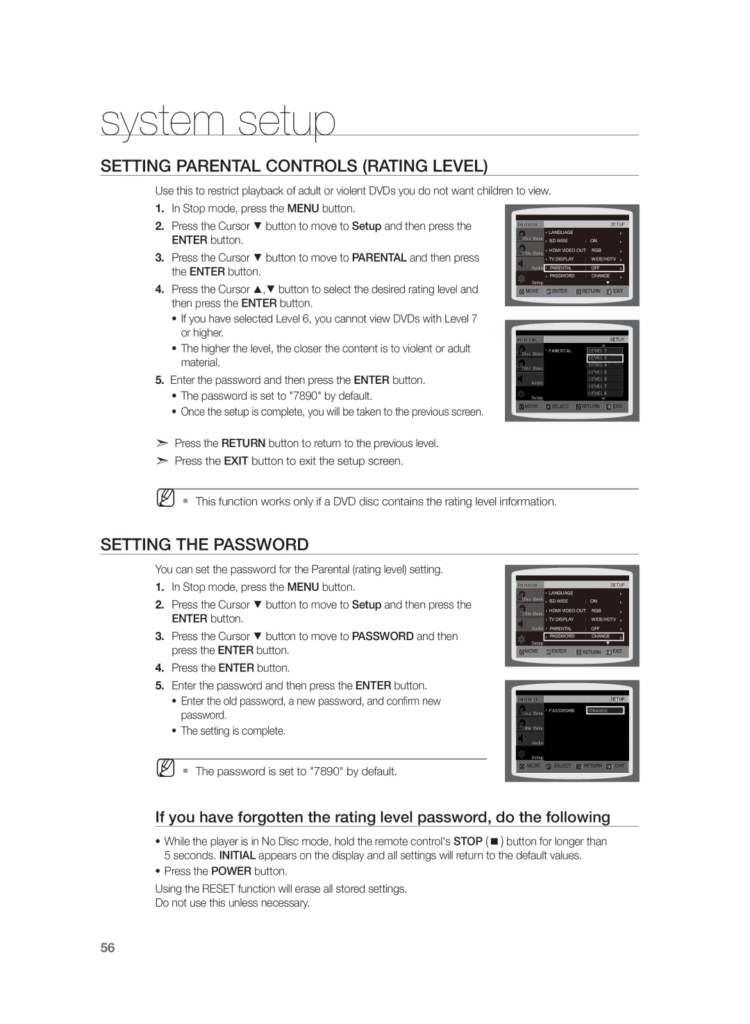 Samsung HT-Z320, HT-TZ422, HT-TZ425, HT-TZ322, HT-TZ325, HT-Z420 Setting Parental Controls Rating Level, Setting the Password 