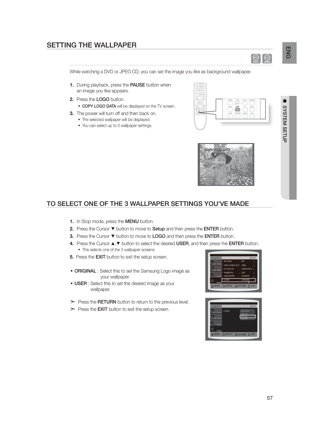 Samsung HT-TZ422, HT-Z320 Setting the Wallpaper, To Select One of the 3 Wallpaper Settings youve made, Setup system 