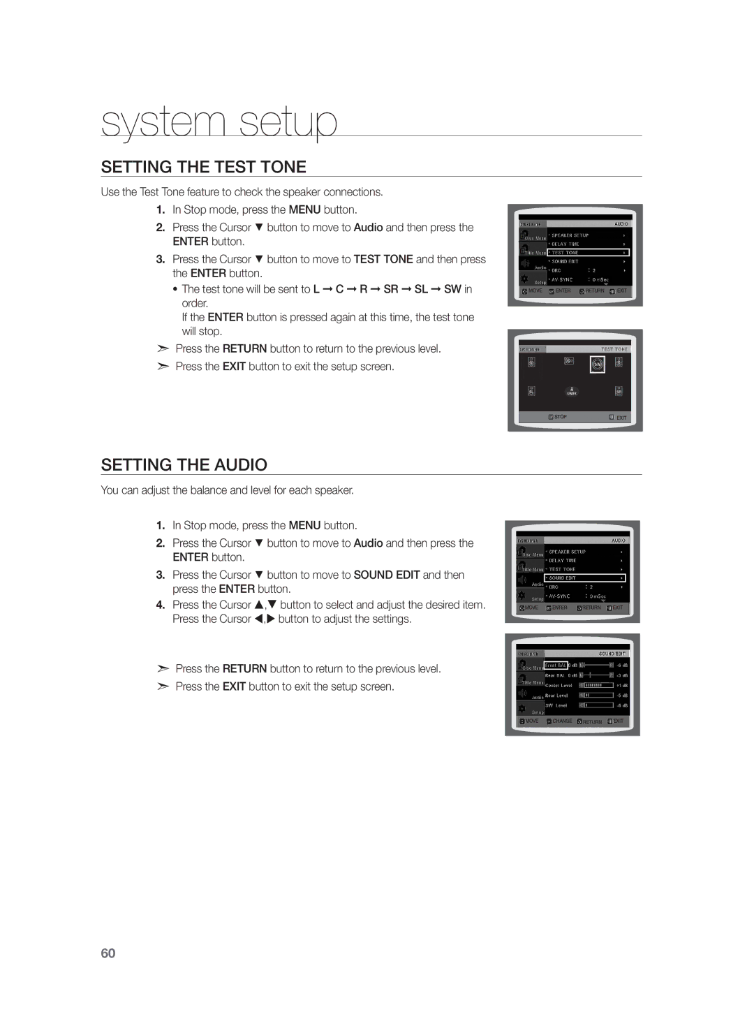 Samsung HT-TZ325, HT-Z320, HT-TZ422, HT-TZ425, HT-TZ322, HT-Z420, AH68-02166R Setting the Test Tone, Setting the Audio 