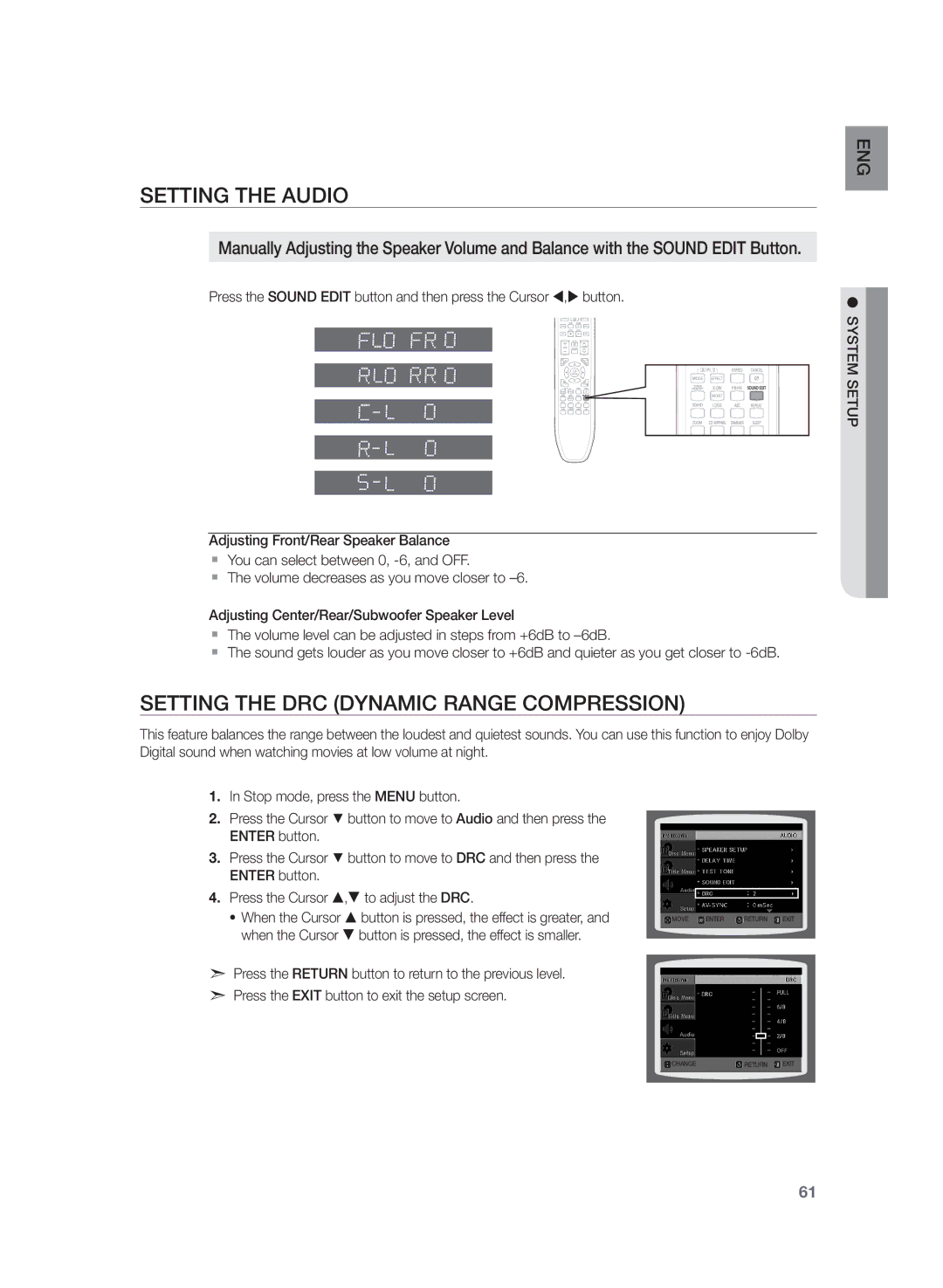 Samsung HT-Z420, HT-Z320, HT-TZ422, HT-TZ425, HT-TZ322, HT-TZ325 Setting the DRC Dynamic Range Compression, Setup system 