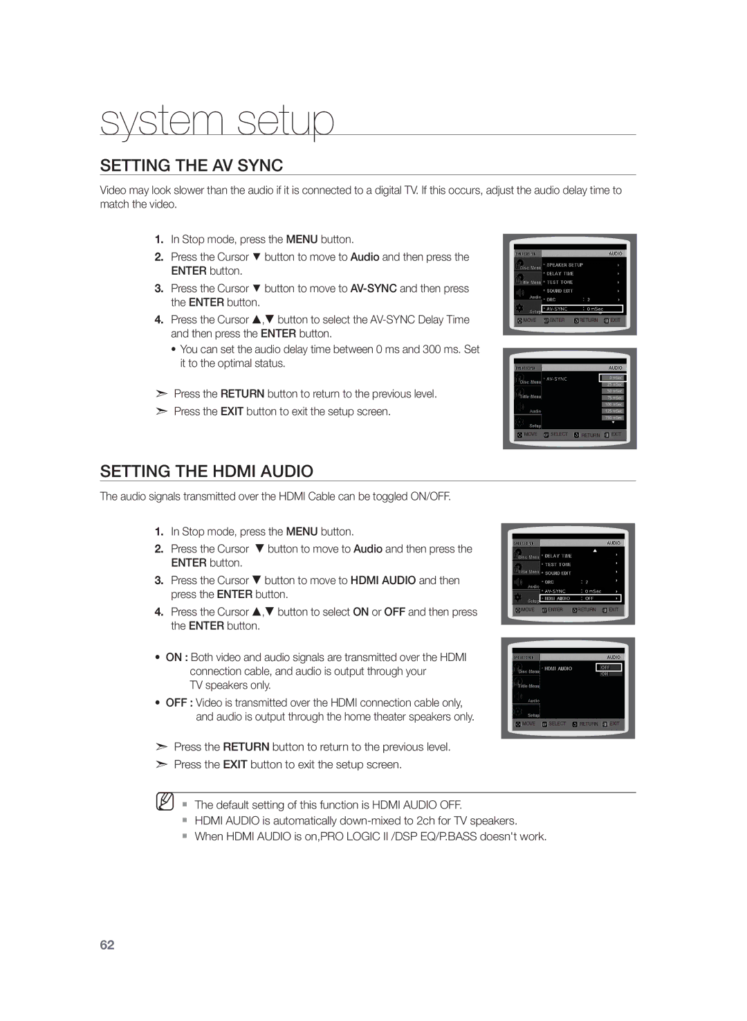 Samsung AH68-02166R, HT-Z320, HT-TZ422, HT-TZ425, HT-TZ322, HT-TZ325, HT-Z420 Setting the AV Sync, Setting the Hdmi Audio 