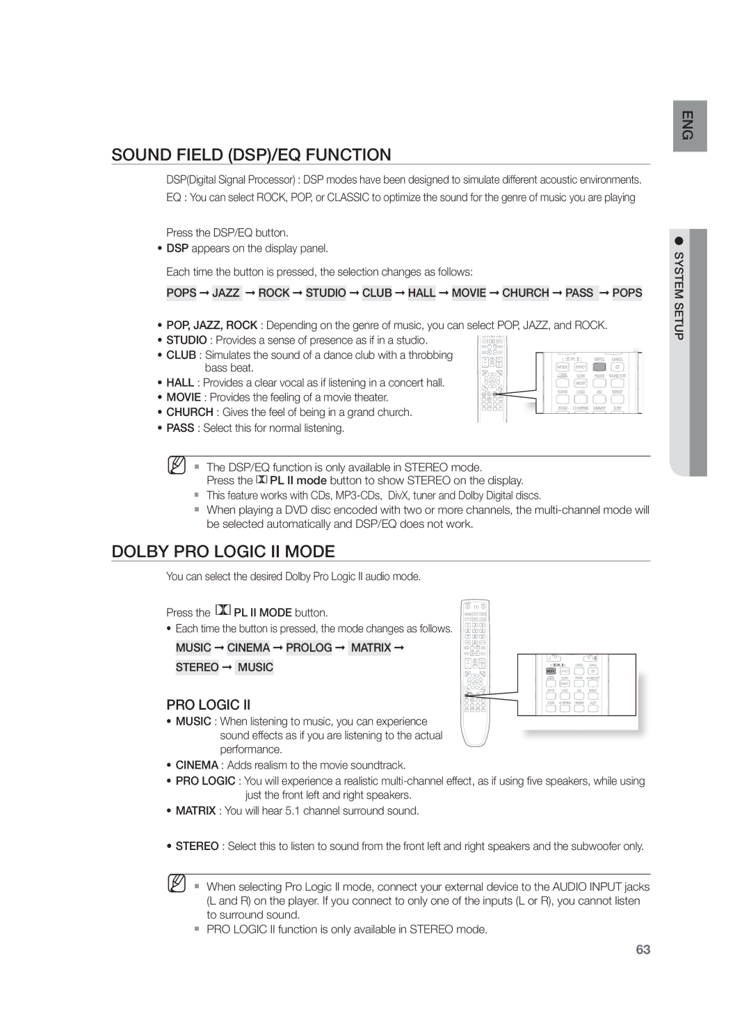 Samsung HT-Z320, HT-TZ422 Sound Field DSP/EQ Function, Dolby Pro Logic II Mode, Music Cinema Prolog Matrix Stereo Music 