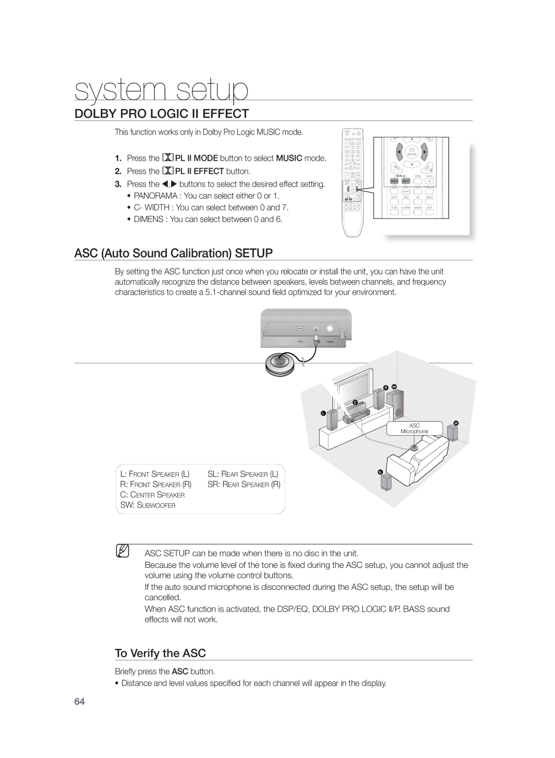 Samsung HT-TZ422, HT-Z320, HT-TZ425, HT-TZ322 Dolby Pro Logic II Effect, ASC Auto Sound Calibration Setup, To Verify the ASC 