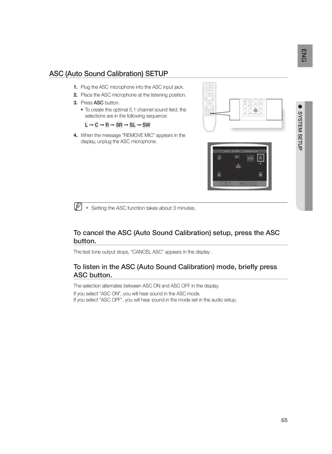 Samsung HT-TZ425, HT-Z320, HT-TZ422, HT-TZ322, HT-TZ325, HT-Z420 Test tone output stops, Cancel ASC appears in the display 