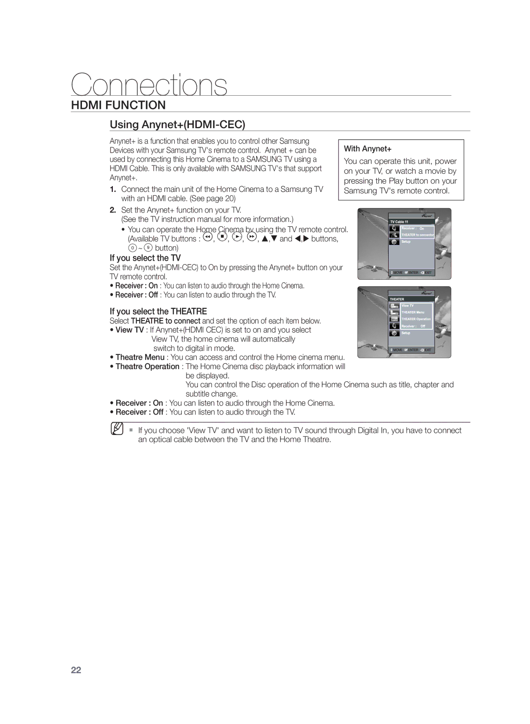 Samsung HT-Z320R/XET, HT-Z320R/EDC manual Using Anynet+HDMI-CEC, If you select the TV, If you select the Theatre 