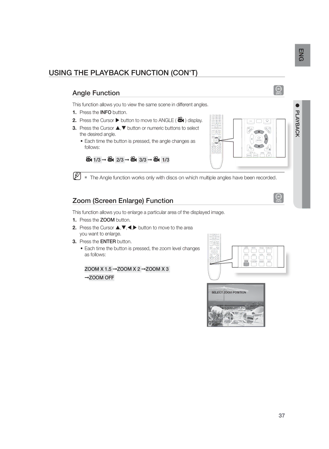 Samsung HT-Z320R/EDC, HT-Z320R/XET manual Angle Function, Zoom Screen Enlarge Function 