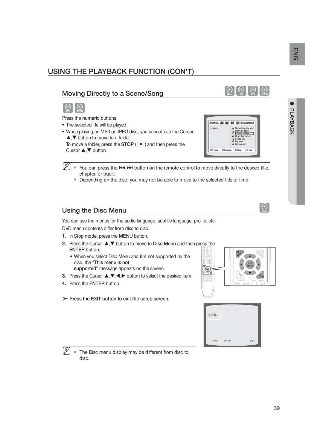 Samsung HT-Z320R/EDC, HT-Z320R/XET manual Using the Disc Menu, Press the numeric buttons Selected file will be played 