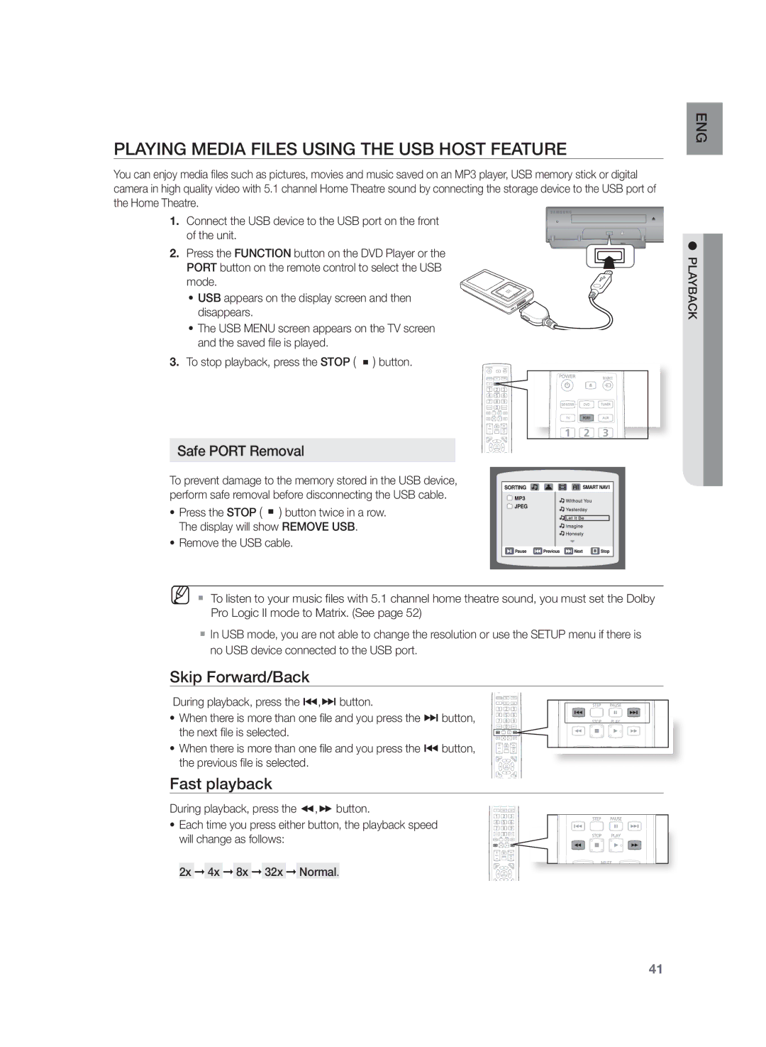 Samsung HT-Z320R/EDC, HT-Z320R/XET manual Playing Media Files using the USB Host Feature, Fast playback 