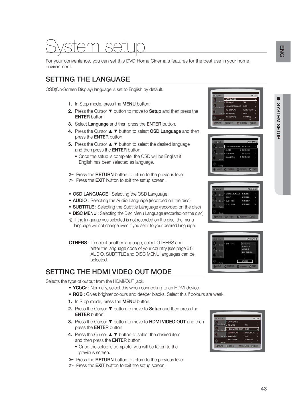 Samsung HT-Z320R/EDC, HT-Z320R/XET manual System setup, Setting the Language, Setting the Hdmi Video OUT Mode 