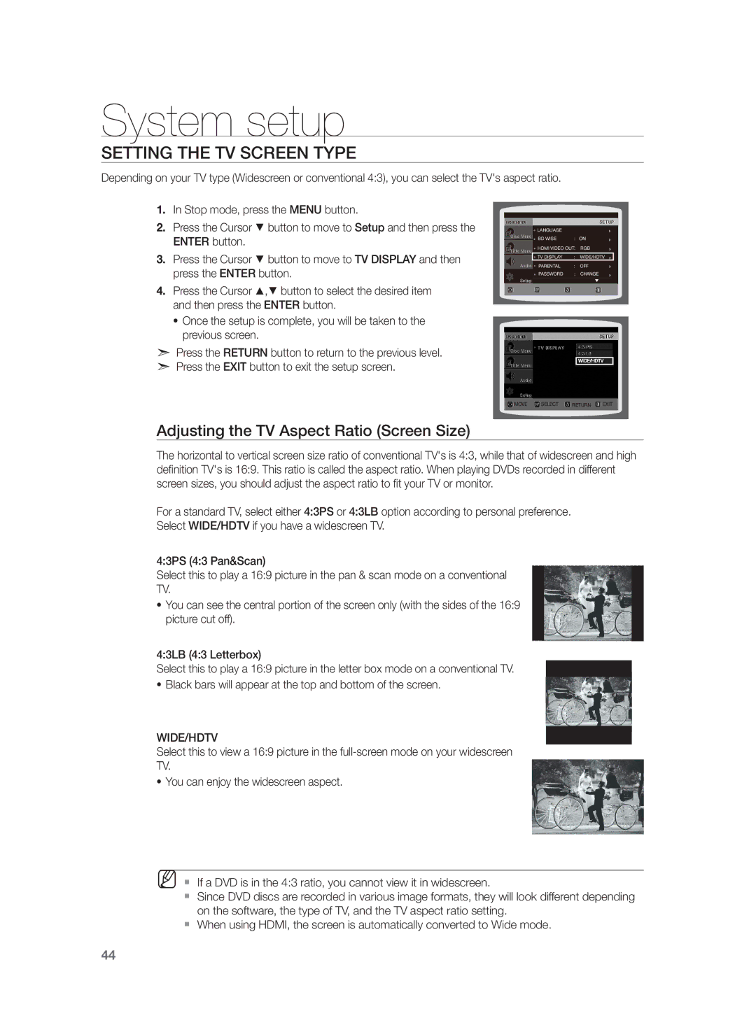 Samsung HT-Z320R/XET, HT-Z320R/EDC manual Setting the TV Screen Type, Adjusting the TV Aspect Ratio Screen Size, Wide/Hdtv 