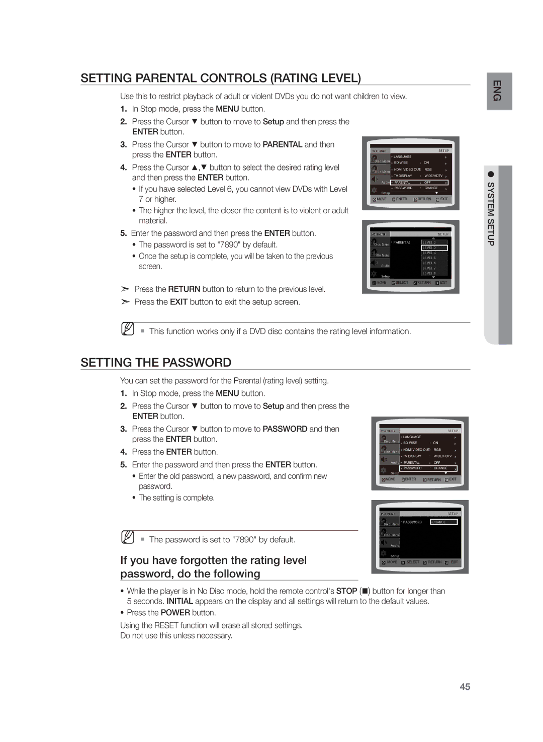 Samsung HT-Z320R/EDC, HT-Z320R/XET manual Setting Parental Controls Rating Level, Setting the Password 