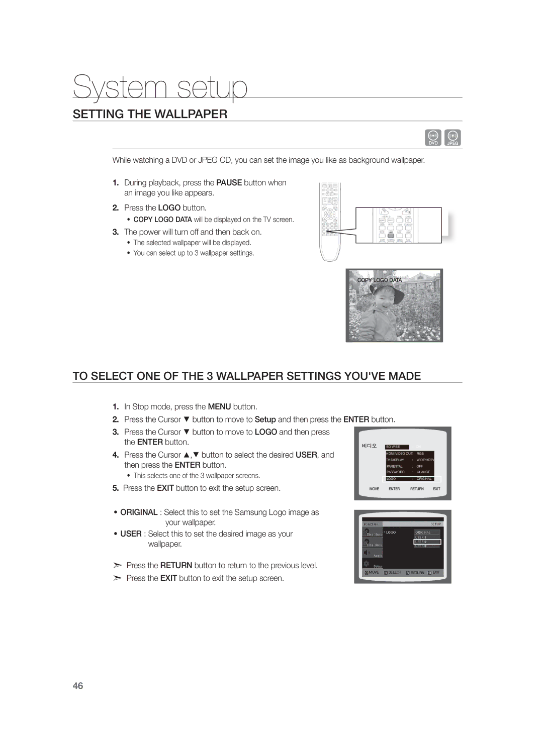 Samsung HT-Z320R/XET, HT-Z320R/EDC manual Setting the Wallpaper, To Select One of the 3 Wallpaper Settings youve made 