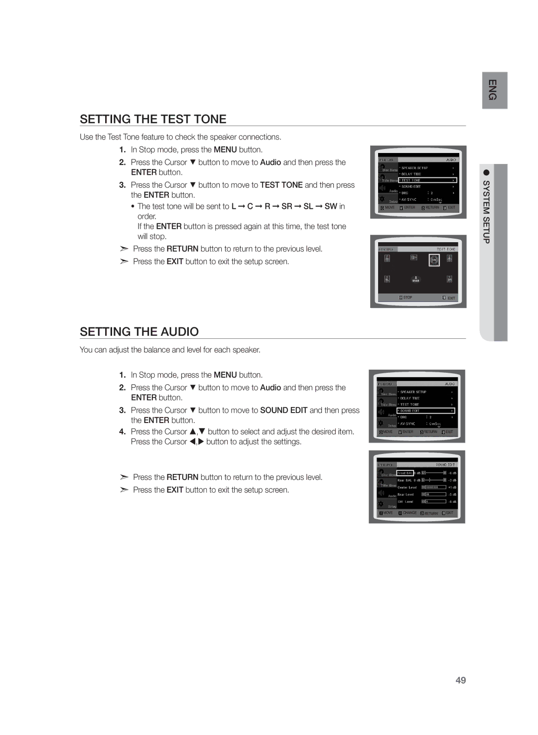 Samsung HT-Z320R/EDC, HT-Z320R/XET manual Setting the Test Tone, Setting the Audio 