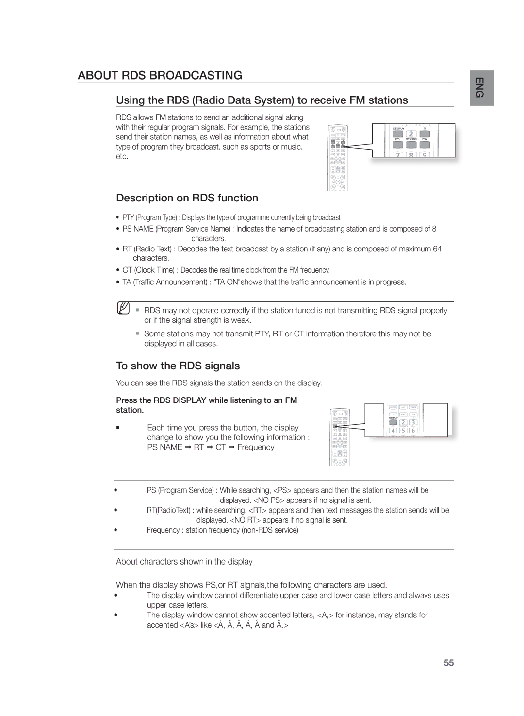 Samsung HT-Z320R/EDC, HT-Z320R/XET manual About RDS broadcasting, Using the RDS Radio Data System to receive FM stations 