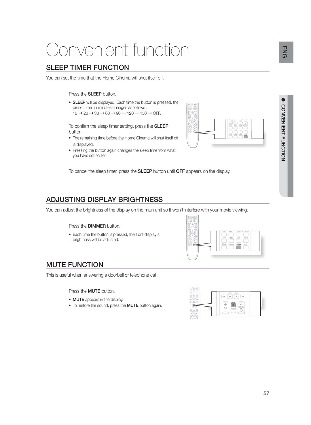 Samsung HT-Z320R/EDC, HT-Z320R/XET Convenient function, Sleep Timer Function, Adjusting Display Brightness, Mute Function 