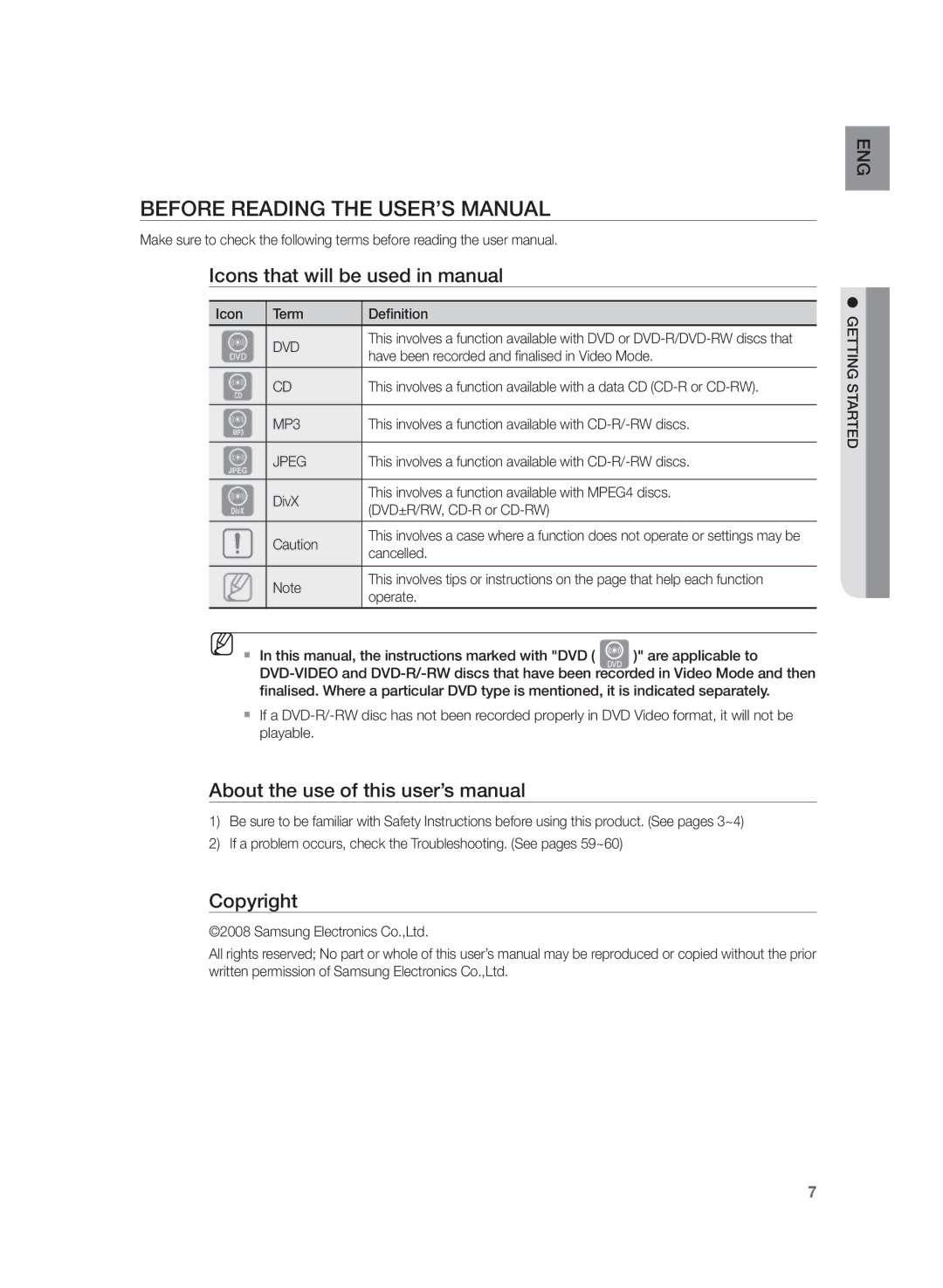 Samsung HT-Z320R/EDC, HT-Z320R/XET Before Reading the User’s Manual, Icons that will be used in manual, Copyright 