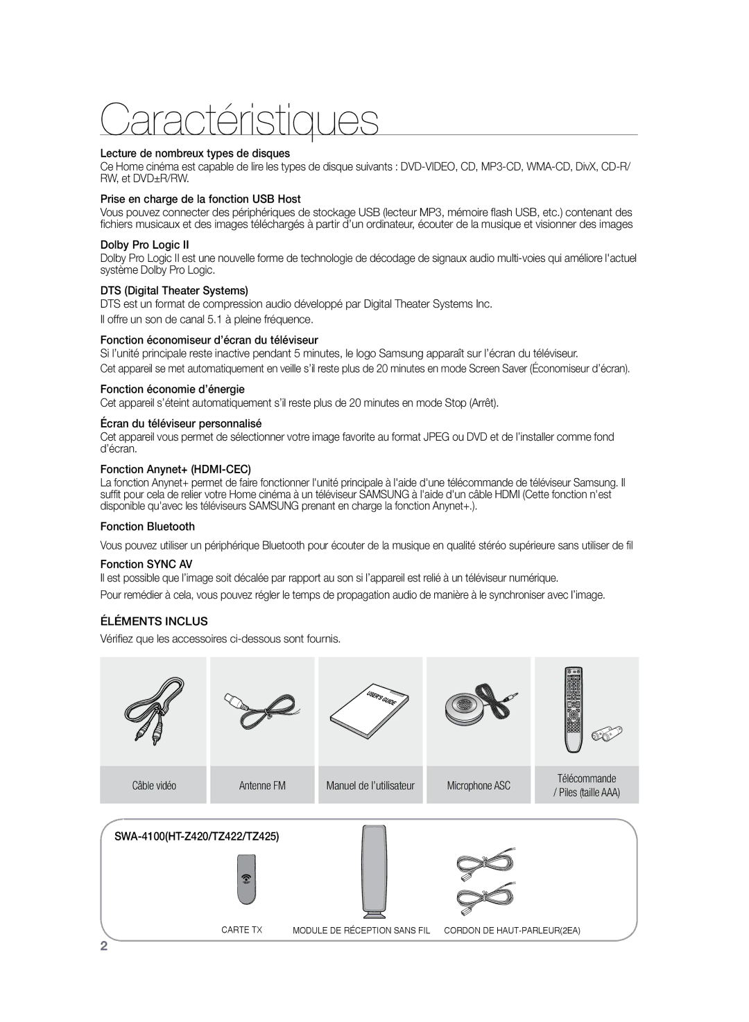 Samsung HT-Z320R/XEF, HT-TZ325R/XEF manual Caractéristiques, Fonction Bluetooth, Éléments Inclus 