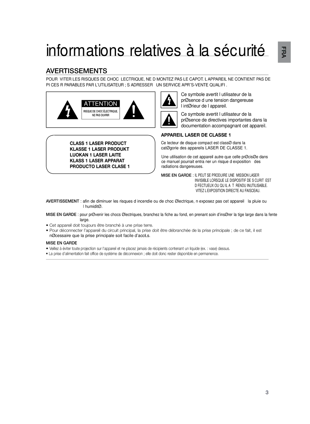 Samsung HT-TZ325R/XEF, HT-Z320R/XEF manual Informations relatives à la sécurité, Avertissements 