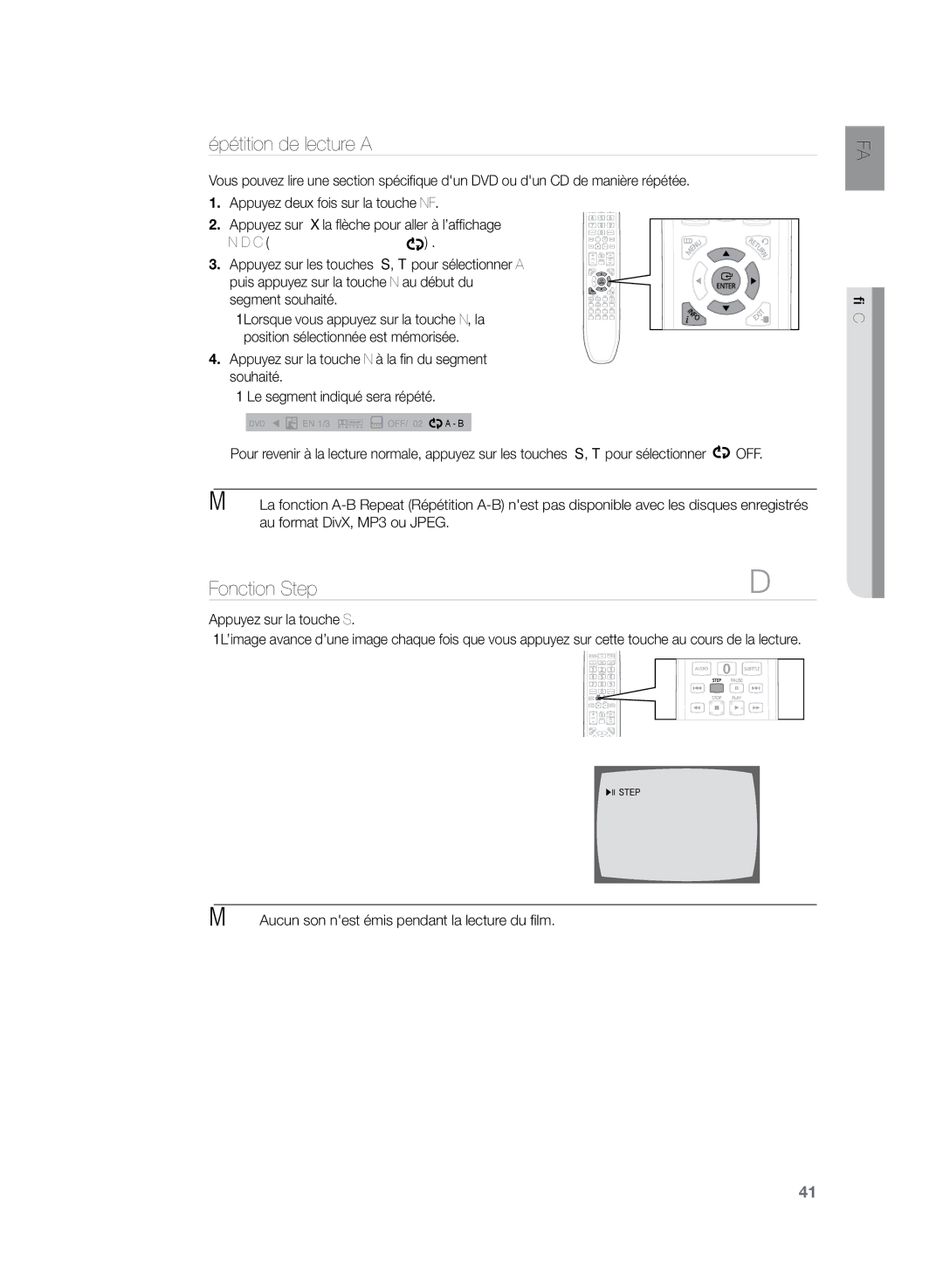 Samsung HT-TZ325R/XEF manual Répétition de lecture A-B, Fonction Step, Répétition DE Lecture, Appuyez sur la touche Step 