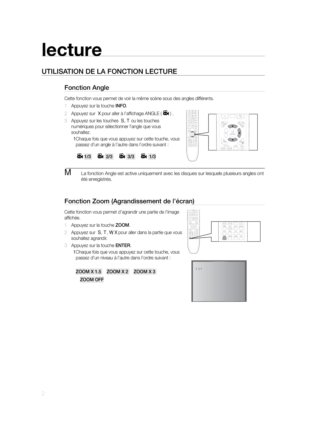 Samsung HT-Z320R/XEF, HT-TZ325R/XEF manual Fonction Angle, Fonction Zoom Agrandissement de l’écra n, Zoom X Zoom OFF 