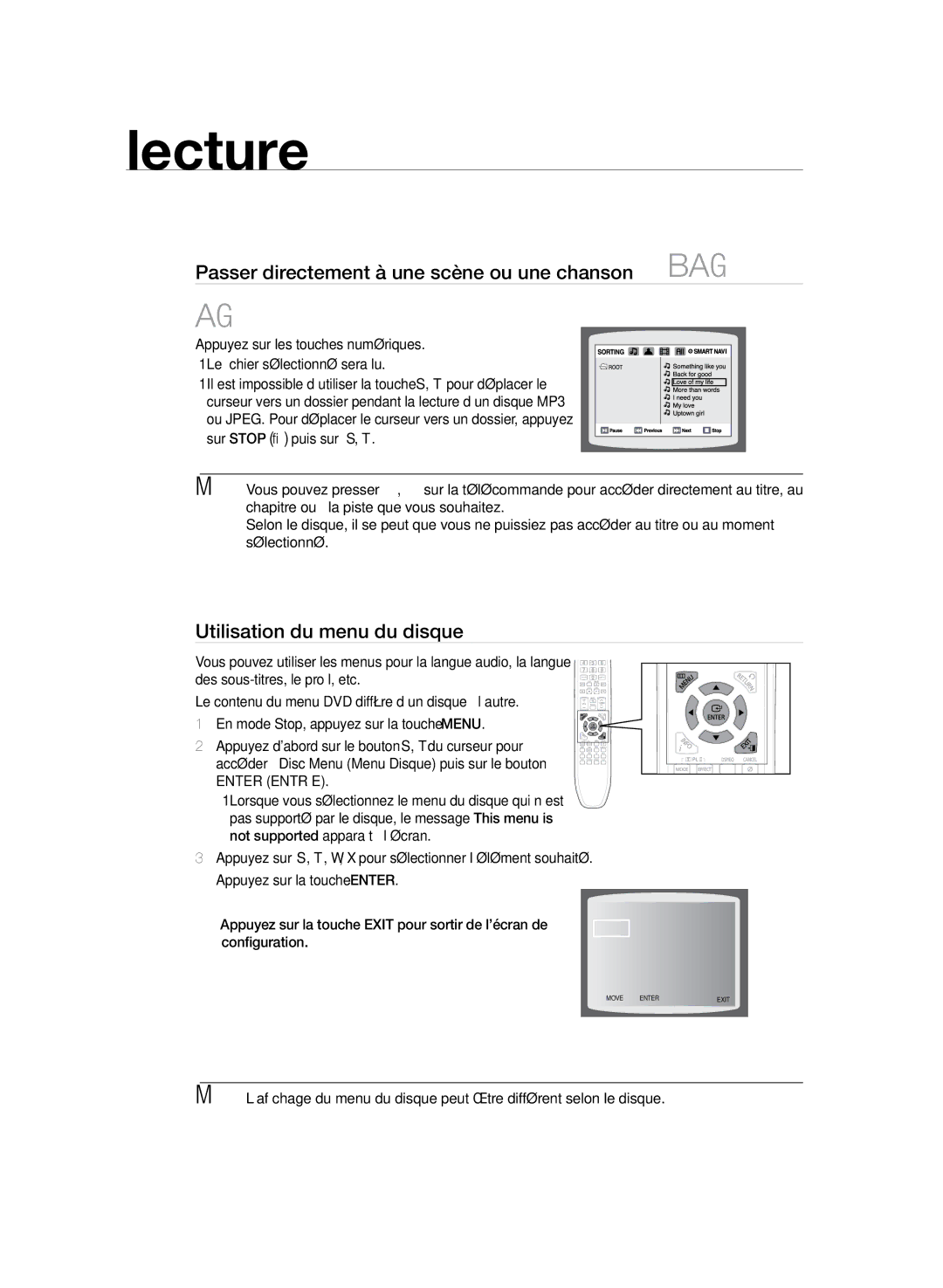 Samsung HT-Z320R/XEF, HT-TZ325R/XEF manual Passer directement à une scène ou une chanson dBAG, Utilisation du menu du disque 