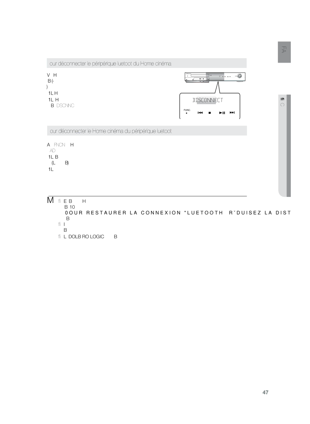 Samsung HT-TZ325R/XEF, HT-Z320R/XEF manual Pour déconnecter le périphérique Bluetooth du Home cinéma 