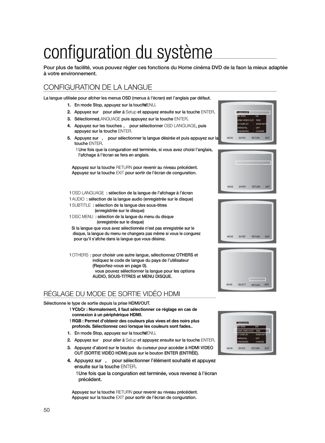 Samsung HT-Z320R/XEF, HT-TZ325R/XEF manual Configuration du système, Configuration de la langue 