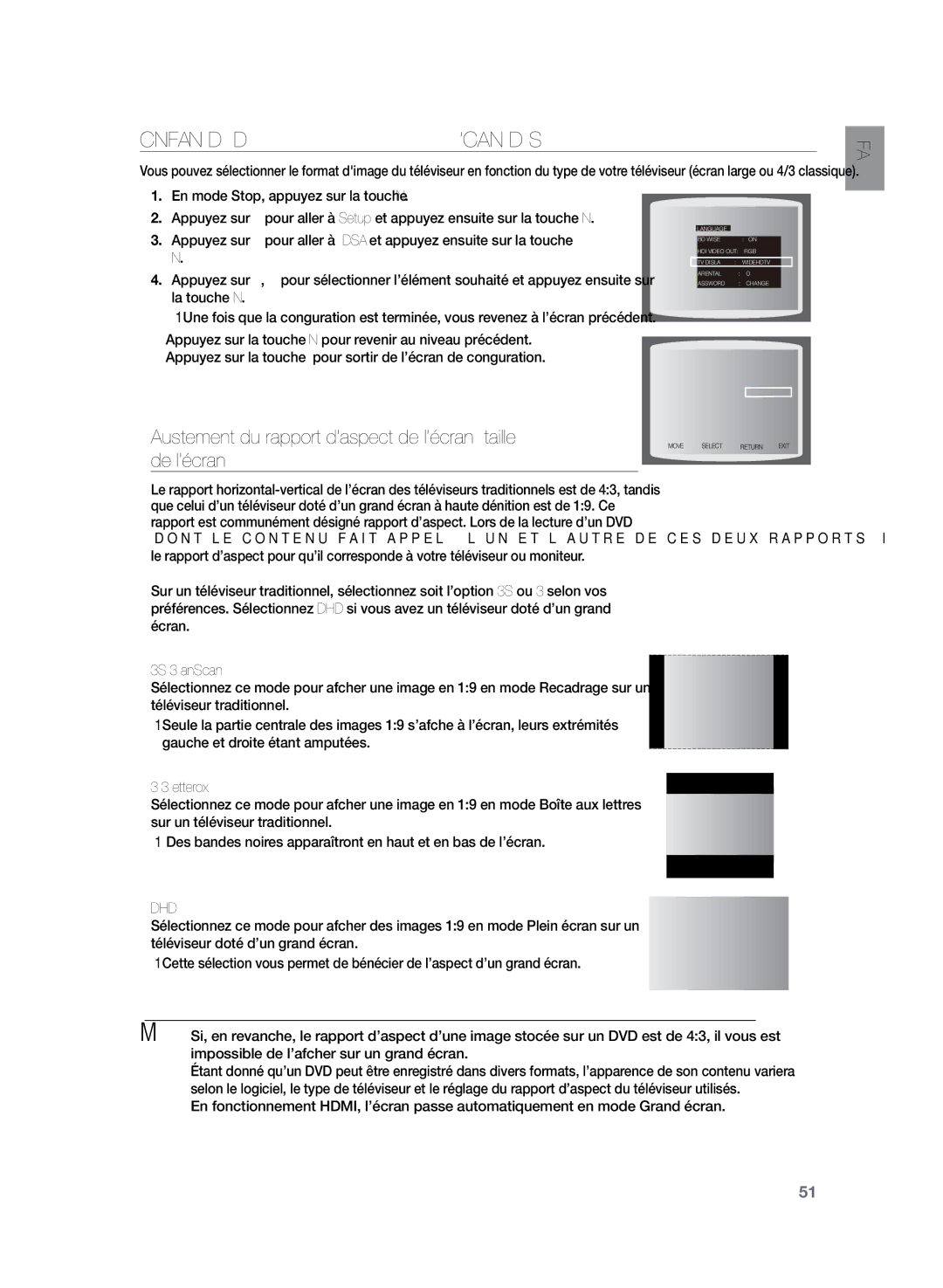 Samsung HT-TZ325R/XEF, HT-Z320R/XEF manual Configuration du type de l’écran du téléviseur, Wide/Hdtv 