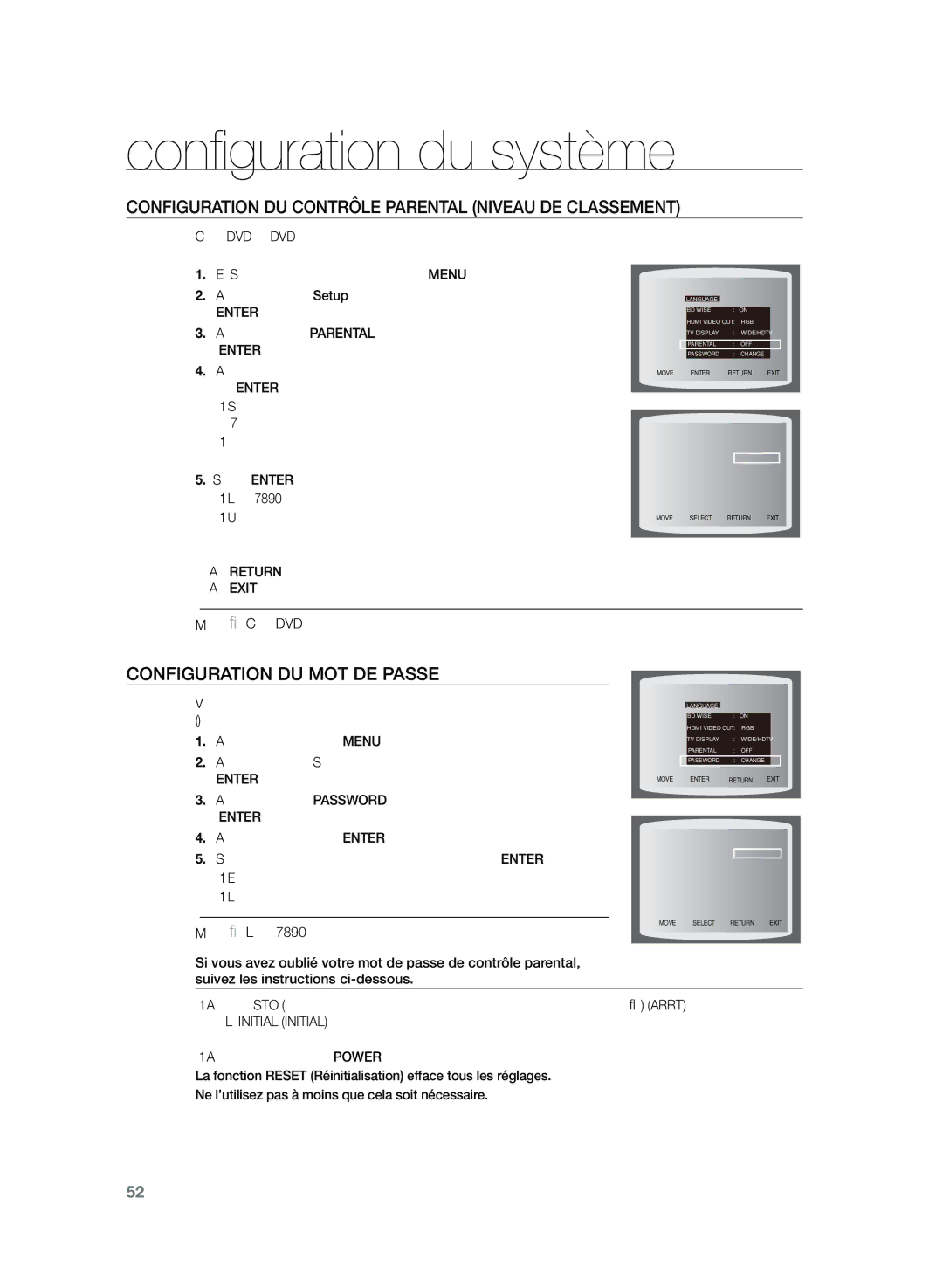 Samsung HT-Z320R/XEF, HT-TZ325R/XEF Configuration du contrôle parental Niveau de classement, Configuration du mot de passe 