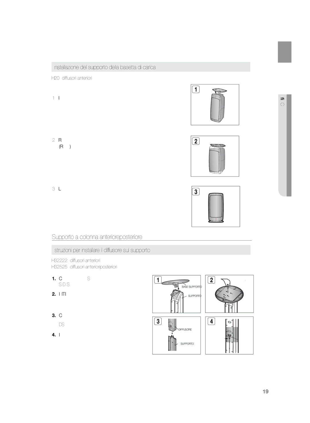 Samsung HT-Z320R/XET manual Supporto a colonna anteriore/posteriore, Installazione del supporto della basetta di carica 