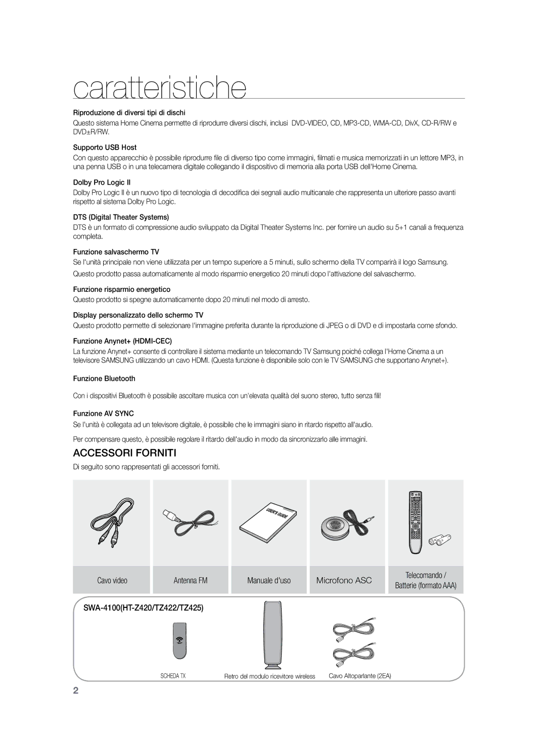 Samsung HT-Z320R/XEF, HT-Z320R/XET manual Caratteristiche, Cavo video 