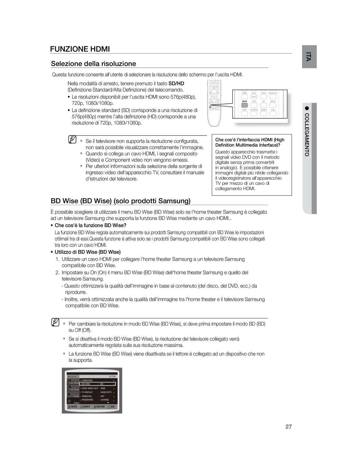 Samsung HT-Z320R/XET, HT-Z320R/XEF manual Funzione Hdmi, Selezione della risoluzione, BD Wise BD Wise solo prodotti Samsung 