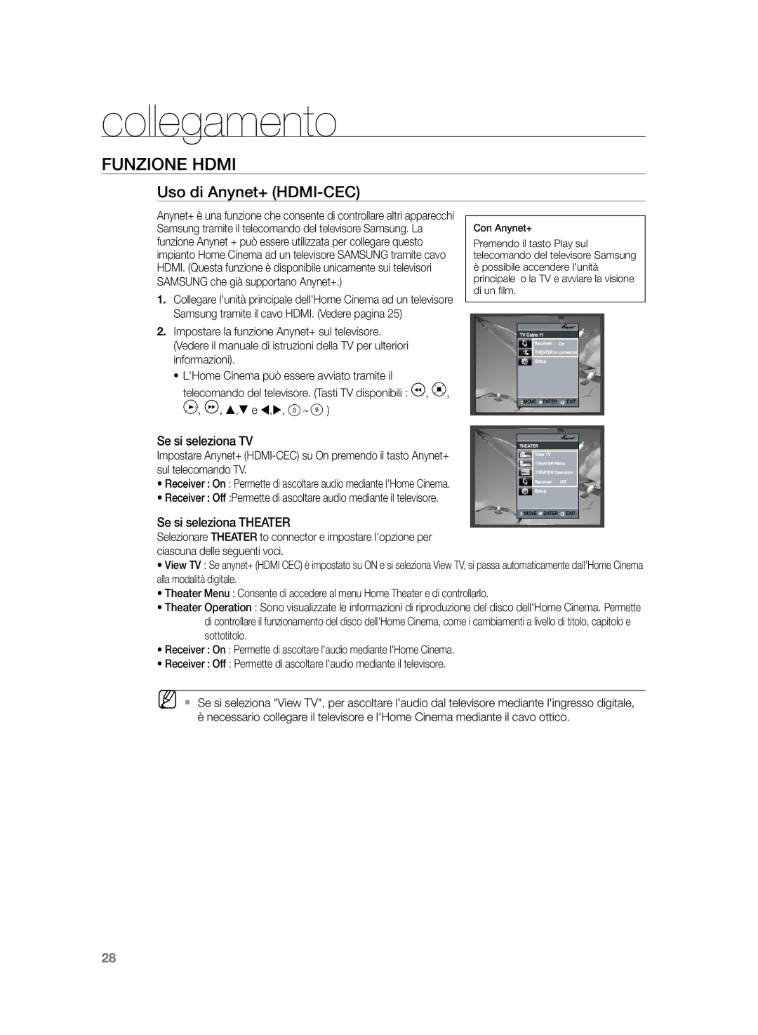 Samsung HT-Z320R/XEF, HT-Z320R/XET manual Uso di Anynet+ HDMI-CEC, Se si seleziona TV, Se si seleziona Theater 