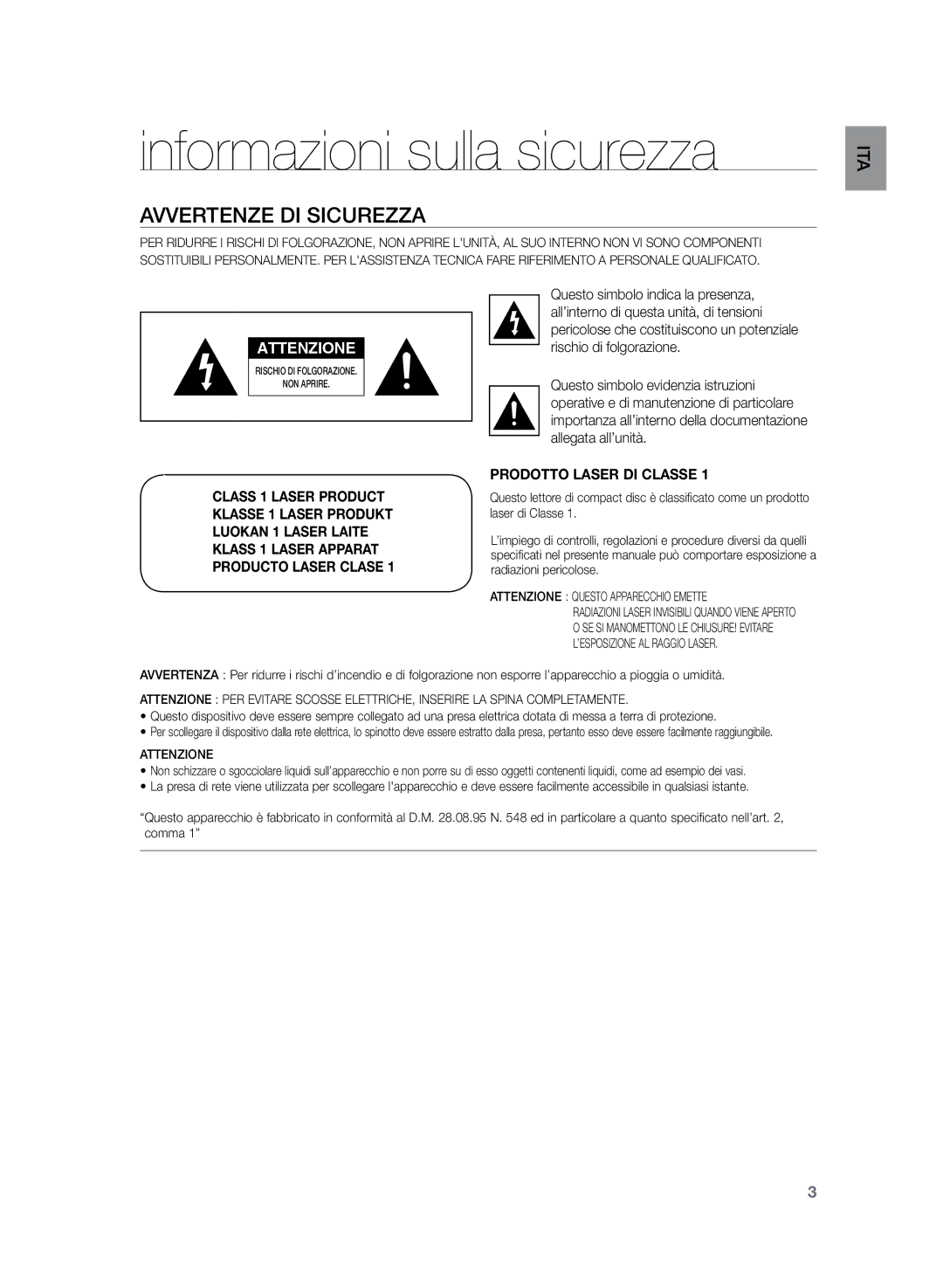 Samsung HT-Z320R/XET, HT-Z320R/XEF manual Informazioni sulla sicurezza, Avvertenze DI sicurezza, Ita 