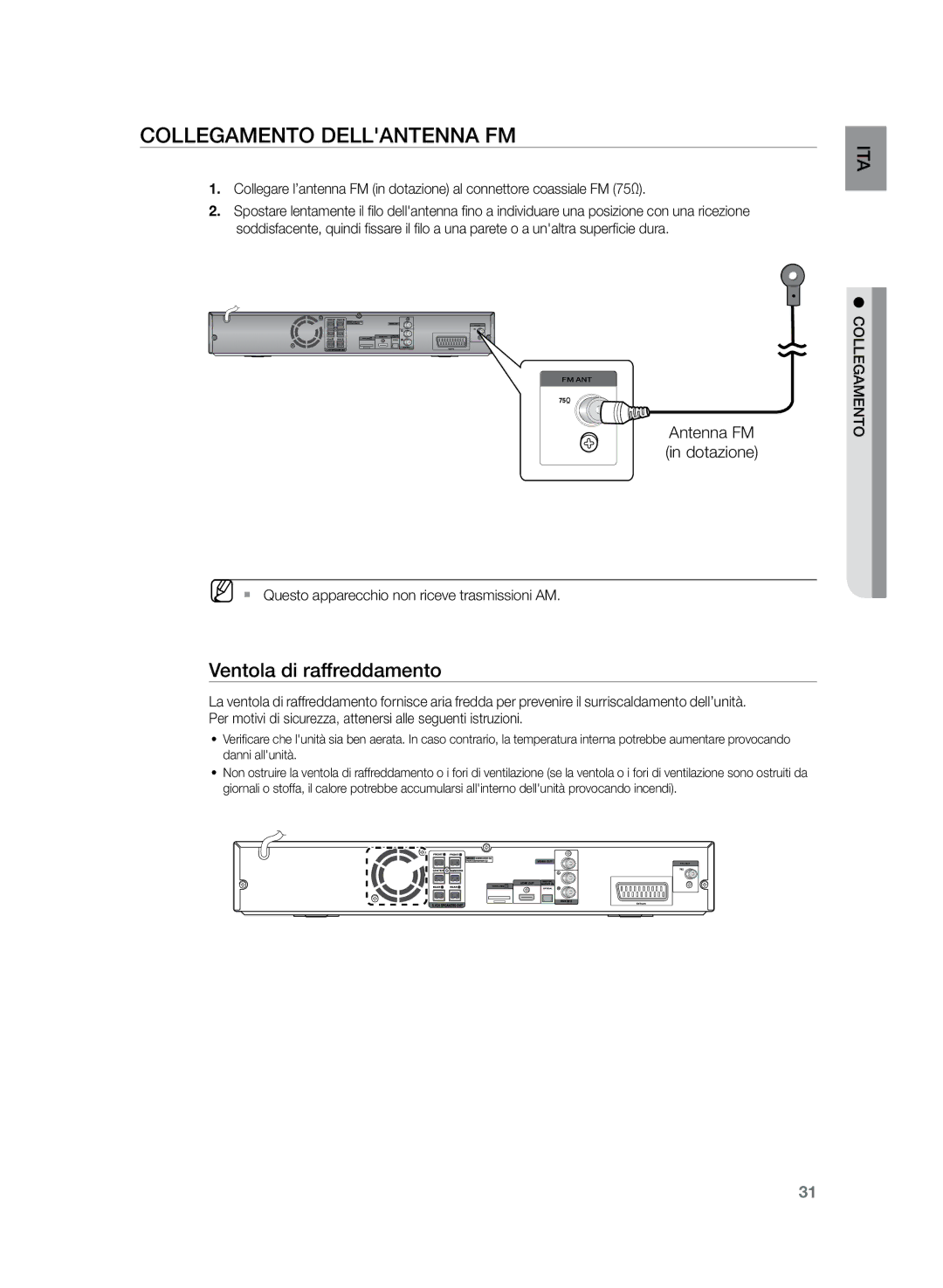 Samsung HT-Z320R/XET, HT-Z320R/XEF manual Collegamento Dellantenna FM, Ventola di raffreddamento, Antenna FM in dotazione 