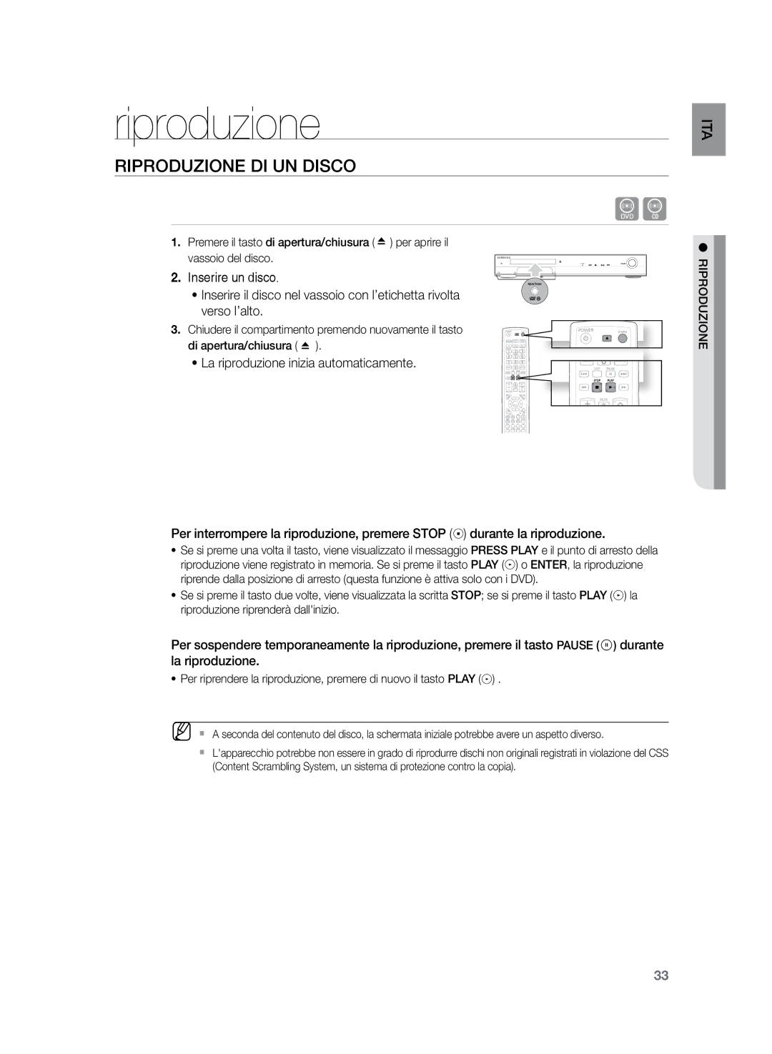 Samsung HT-Z320R/XET, HT-Z320R/XEF manual Riproduzione di un disco, La riproduzione inizia automaticamente 