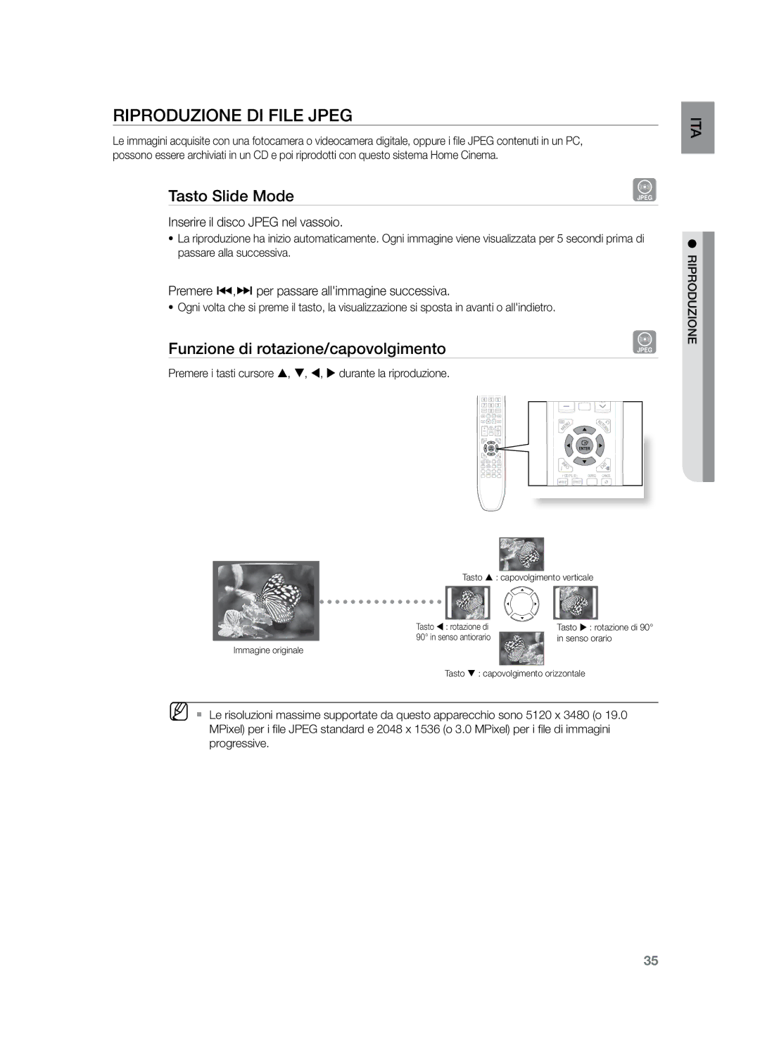 Samsung HT-Z320R/XET, HT-Z320R/XEF manual Riproduzione di file Jpeg, Tasto Slide Mode, Funzione di rotazione/capovolgimento 