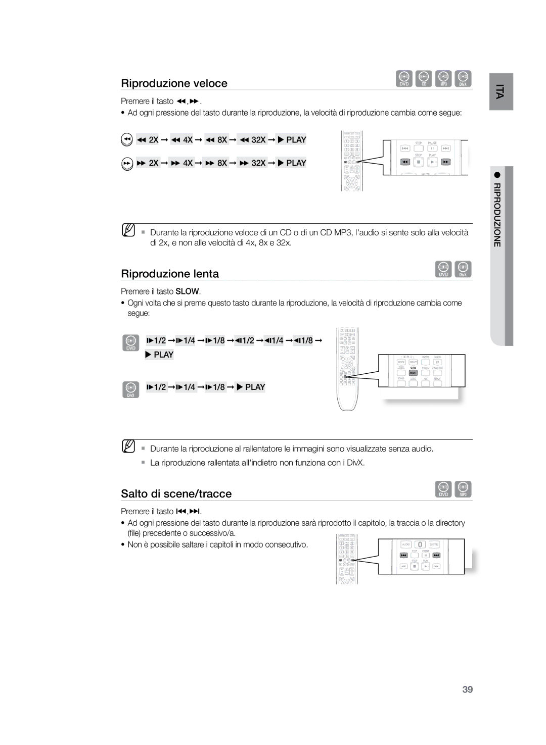 Samsung HT-Z320R/XET, HT-Z320R/XEF manual Riproduzione veloce, Riproduzione lenta, Salto di scene/tracce, Premere il tasto 