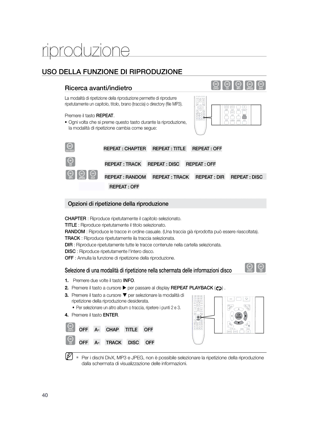 Samsung HT-Z320R/XEF, HT-Z320R/XET manual Opzioni di ripetizione della riproduzione, Premere il tasto Repeat 